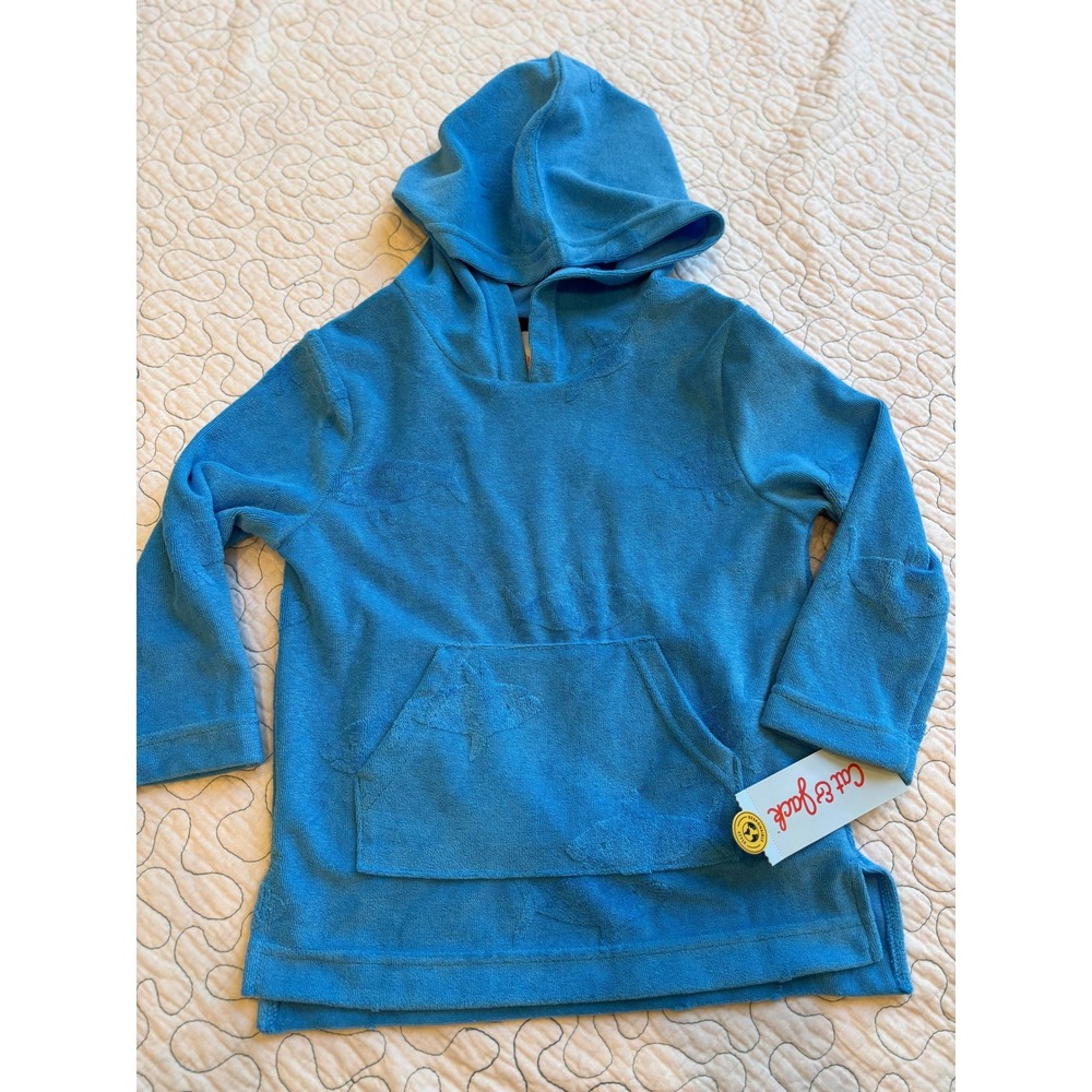 Cat & Jack Boys Blue Shark Embossed Terry Cloth Hoodie Pullover Size 4T
